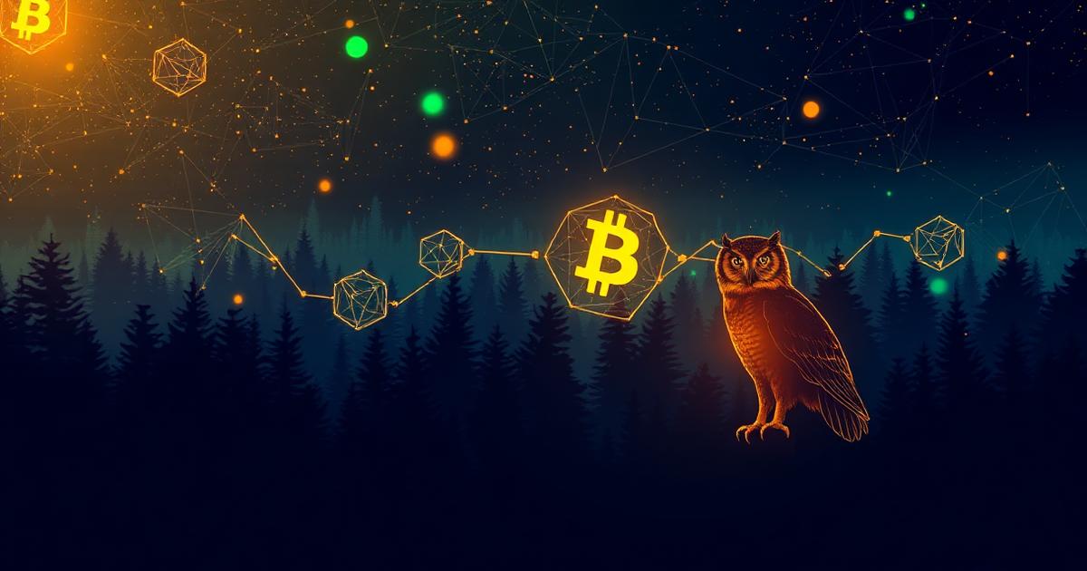 Krypto Trading Netzwerk mit Bitcoin-Symbol über dunklem Wald